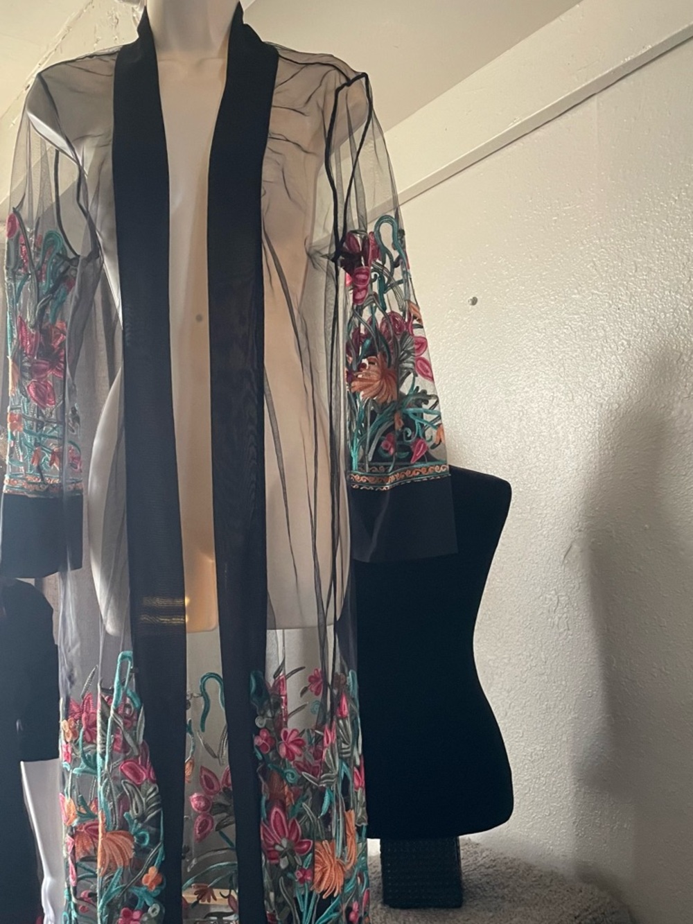 Sheer Embroidered Floral Duster Kimono - Black with Multicolor Floral